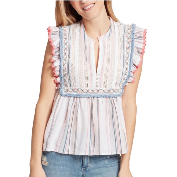 Ella Moss Natalia Striped Fringe Blouse Sleeveless Peplum Top Large - Picture 1 of 7